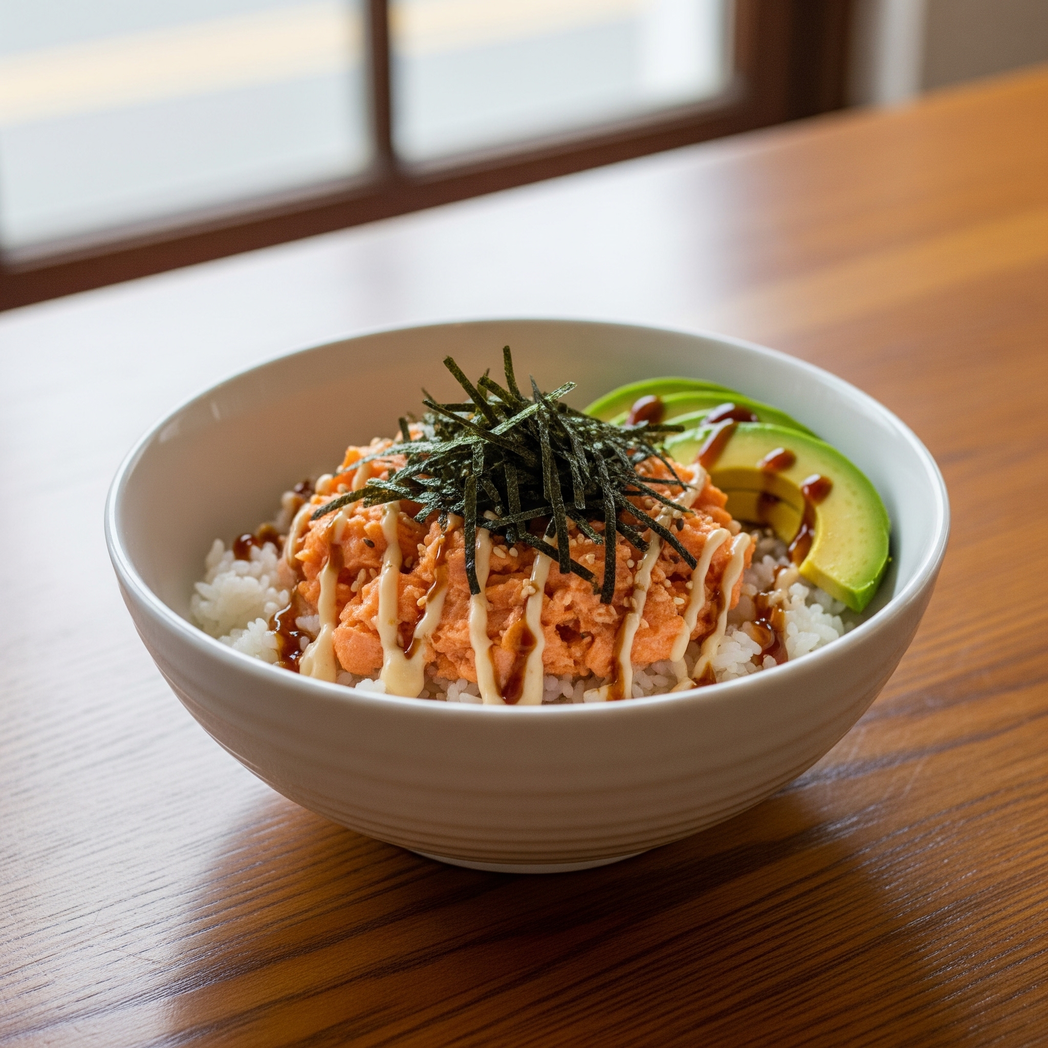 Emily Mariko's Salmon Rice Bowl on a wooden table, ready for cooking. The bowl contains mashed salmon and rice, garnished with avocado, nori sheets, and sauces.
