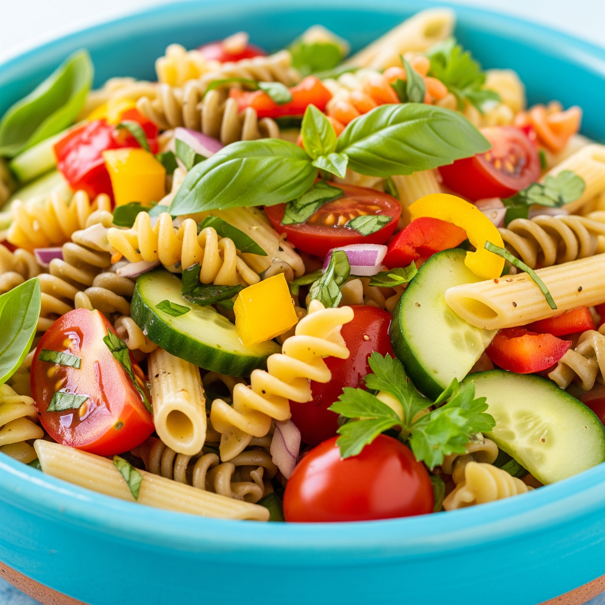 A vibrant, close-up photo of a refreshing summer pasta salad, showcasing colorful pasta, fresh vegetables like tomatoes, cucumbers, bell peppers, and herbs, tossed in a light vinaigrette dressing, served in a bright bowl.