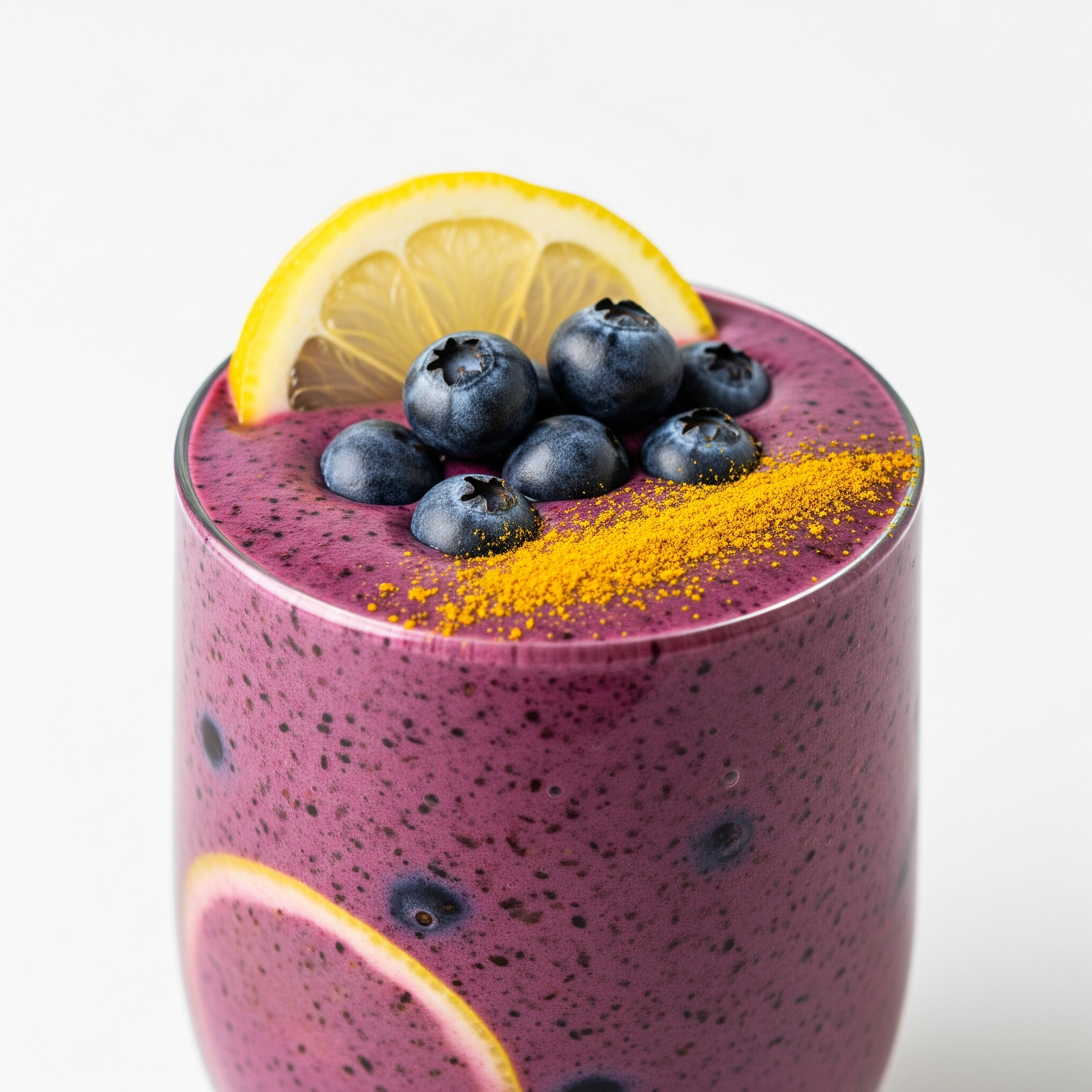A vibrant purple smoothie in a glass, showcasing the blend of blueberries and lemon, with visible pieces of ginger and a sprinkle of turmeric, garnished with lemon slices and fresh blueberries.