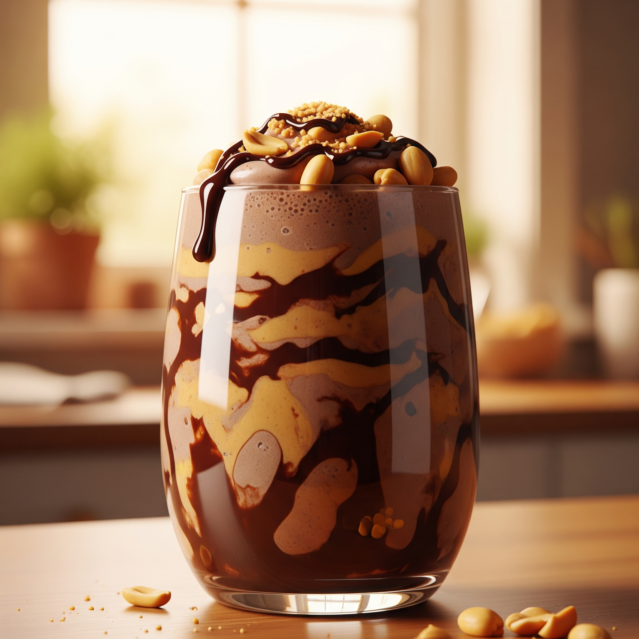 A creamy chocolate-peanut butter protein shake in a clear glass, showing swirls of chocolate and peanut butter, topped with peanuts and a drizzle of chocolate sauce.
