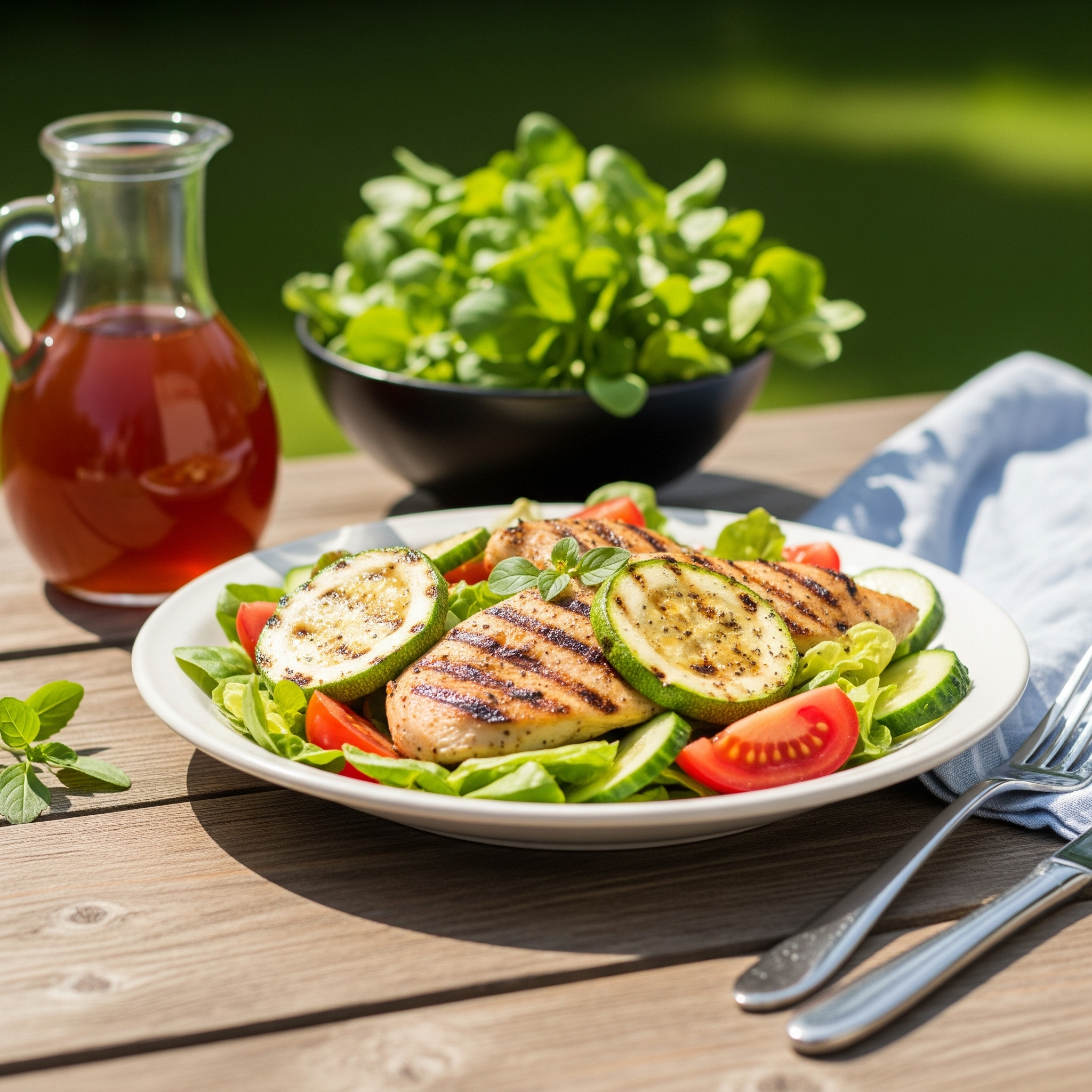Vibrant grilled chicken and zucchini salad with fresh summer vegetables on a rustic table, perfect for an outdoor meal.