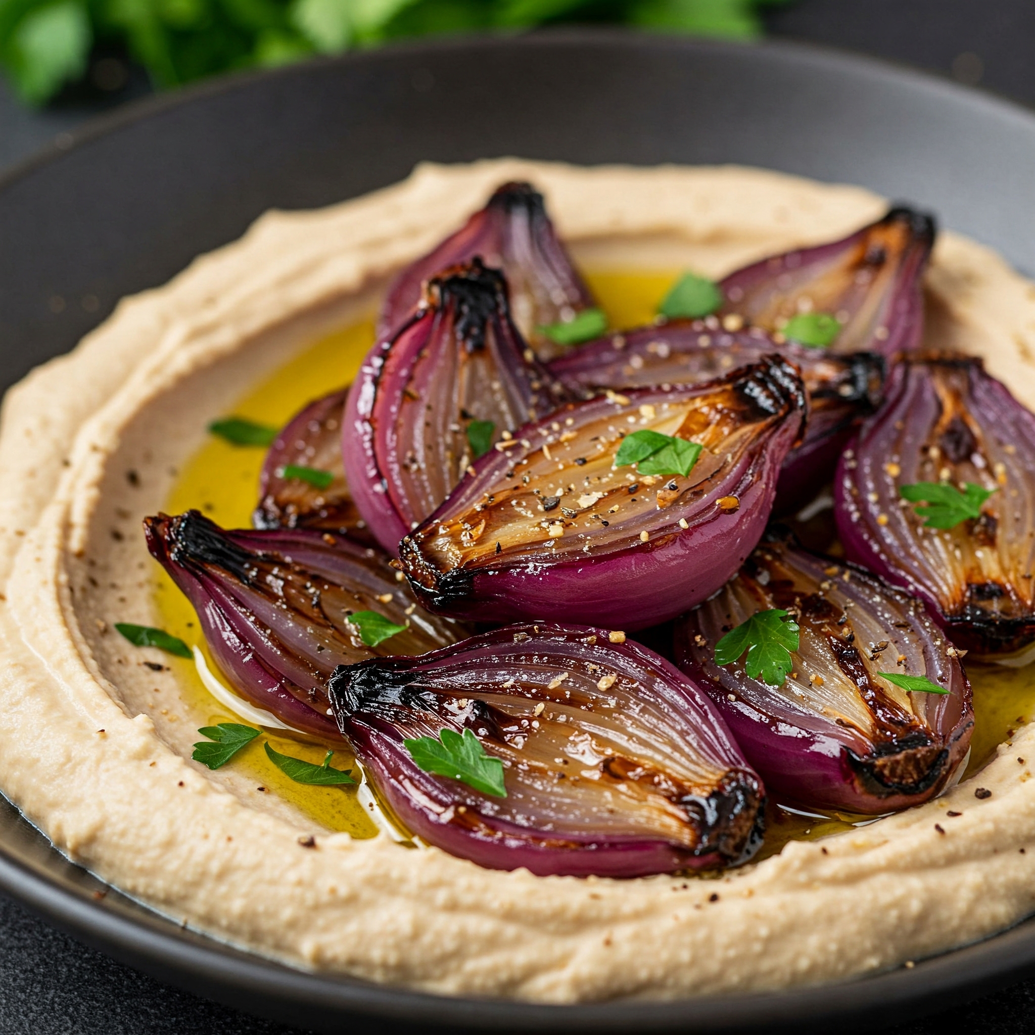 Close-up of Marinated Roasted Onion Wedges served on creamy Hummus. Vegan appetizer of sweet roasted onions with a tangy marinade, served with hummus. Appetizing vegan dish: Marinated roasted onions arranged on a bed of hummus.