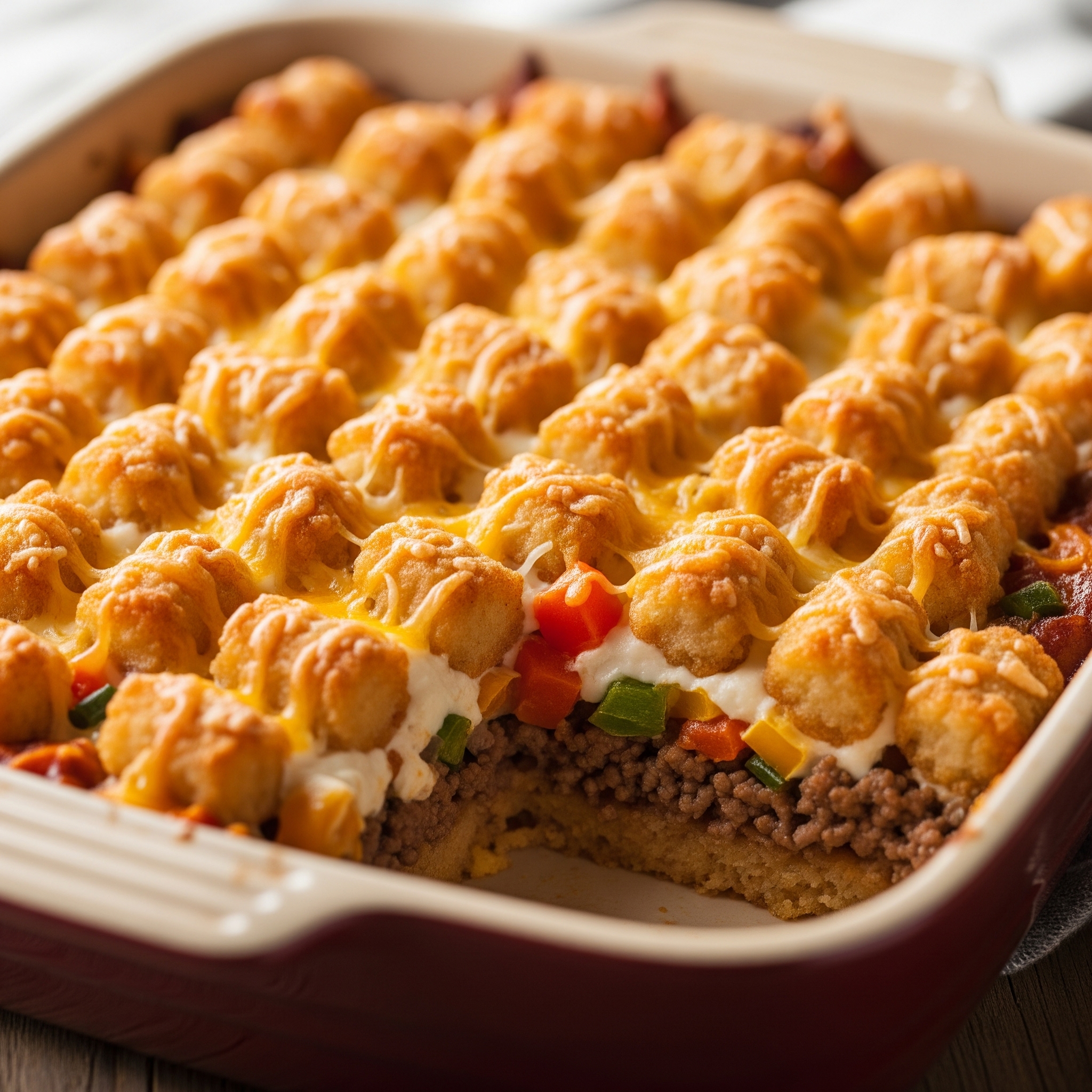 An appetizing close-up photo of a freshly baked Hearty Cowboy Casserole in a rustic baking dish, showcasing the layers of ground beef, vegetables, creamy sauce, and a golden-brown Tater Tot topping with melted cheese.