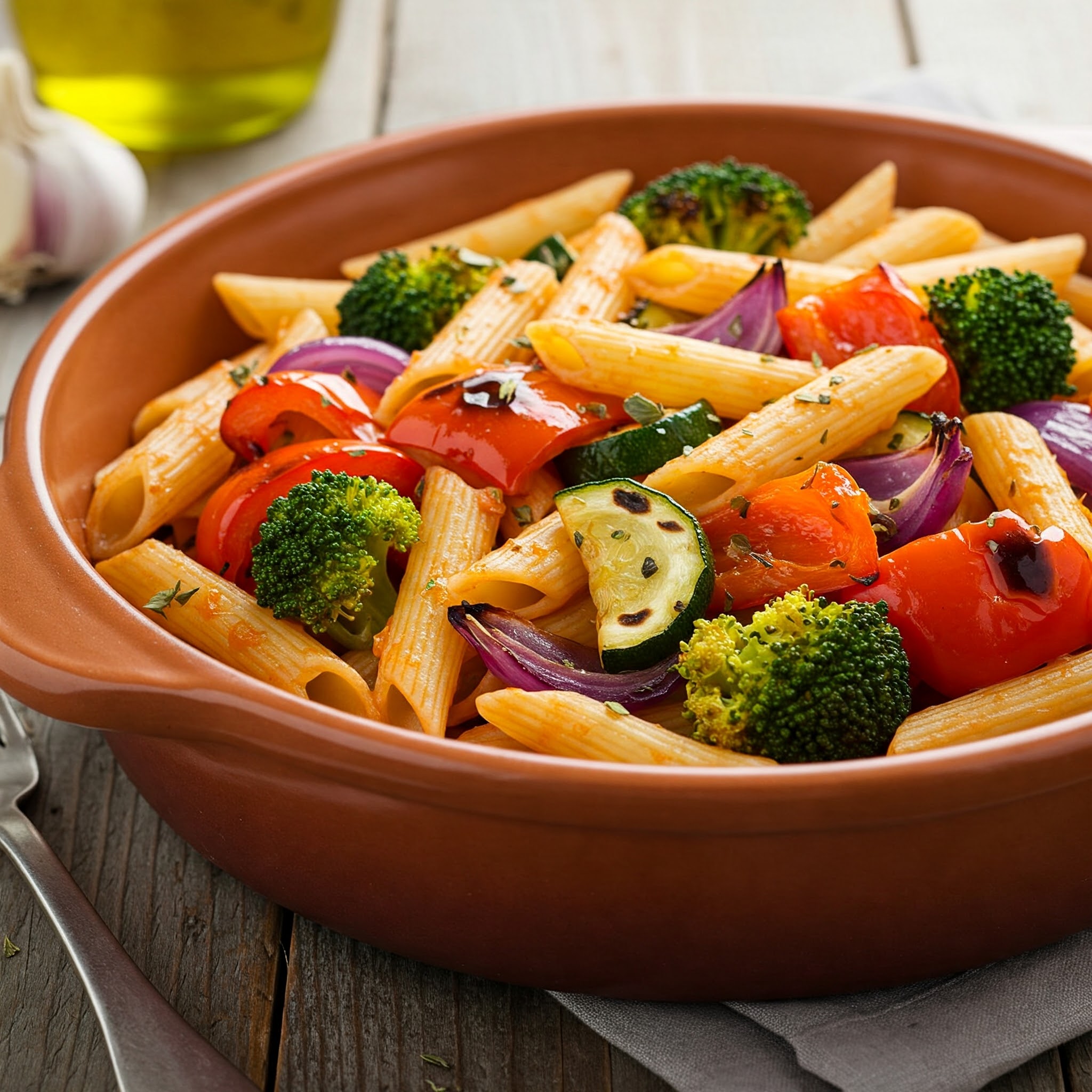 Describes the image in detail for search engines and screen readers. Incorporate relevant keywords. Roasted Veggie Pasta