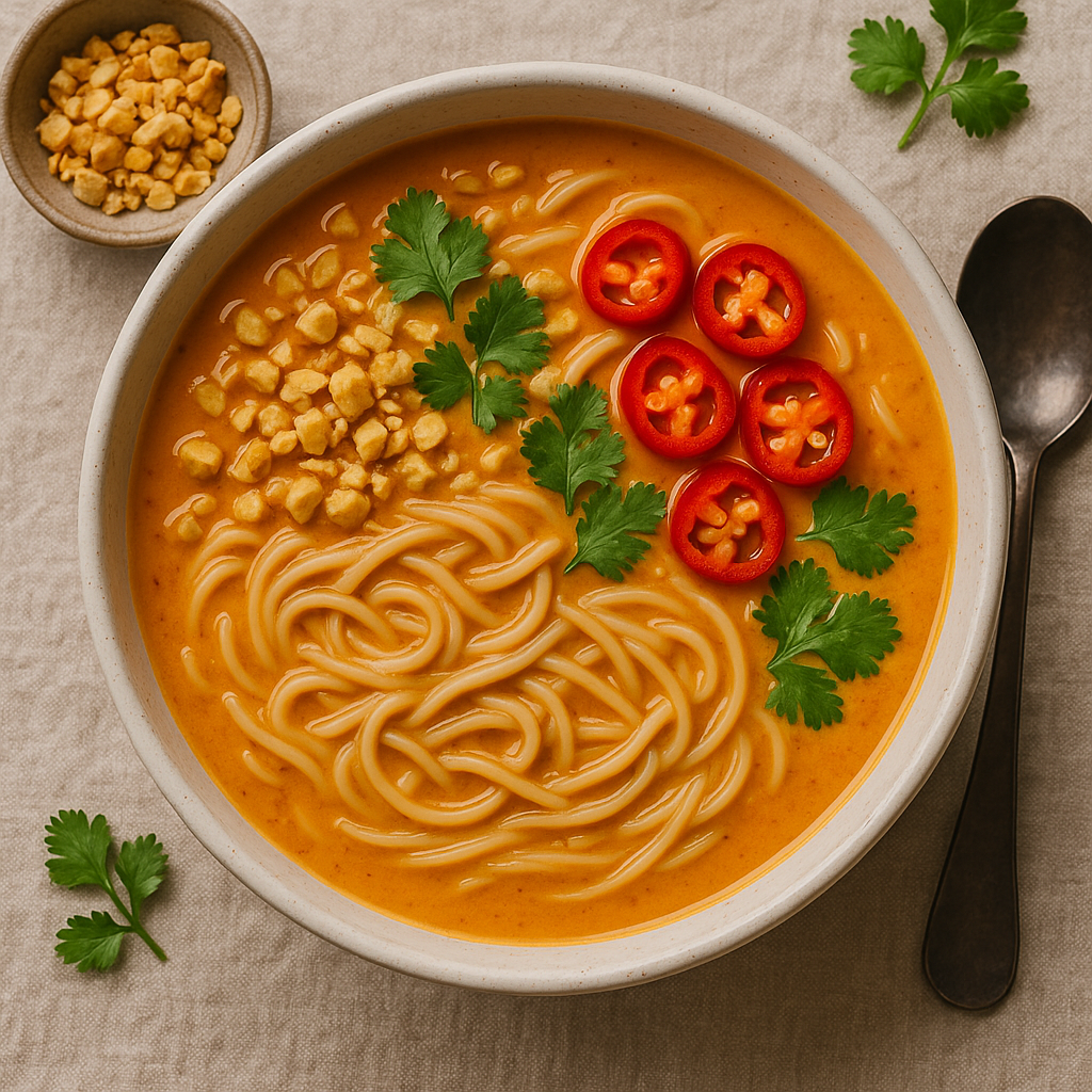 Steaming bowl of Spicy Thai Peanut Noodle Soup, a flavorful vegan dish with noodles, colorful vegetables, and a rich peanut broth, garnished with cilantro and peanuts.