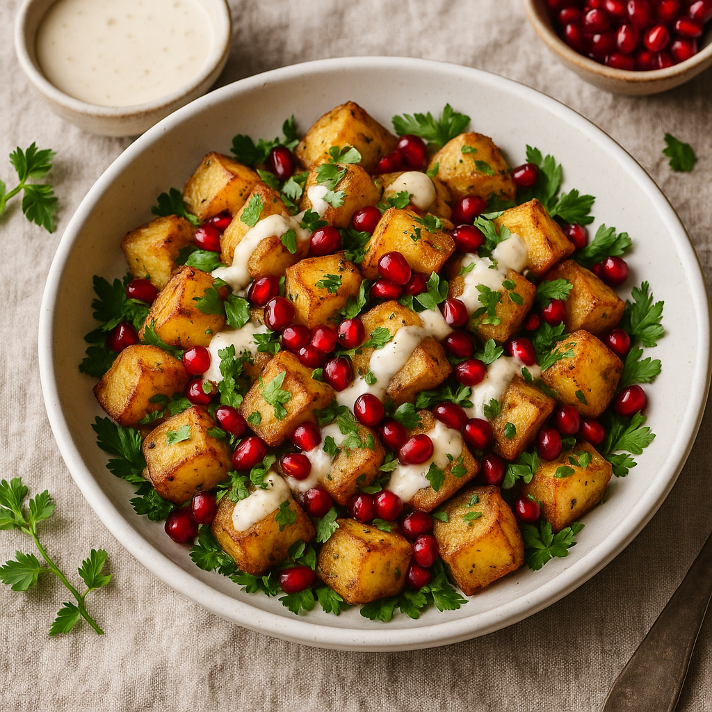 Close-up of vibrant Vegan Crispy Potato Salad in a white bowl, showcasing crispy roasted potato chunks, fresh parsley, mint, and a creamy lemon-tahini dressing. Middle Eastern-inspired vegan side dish.