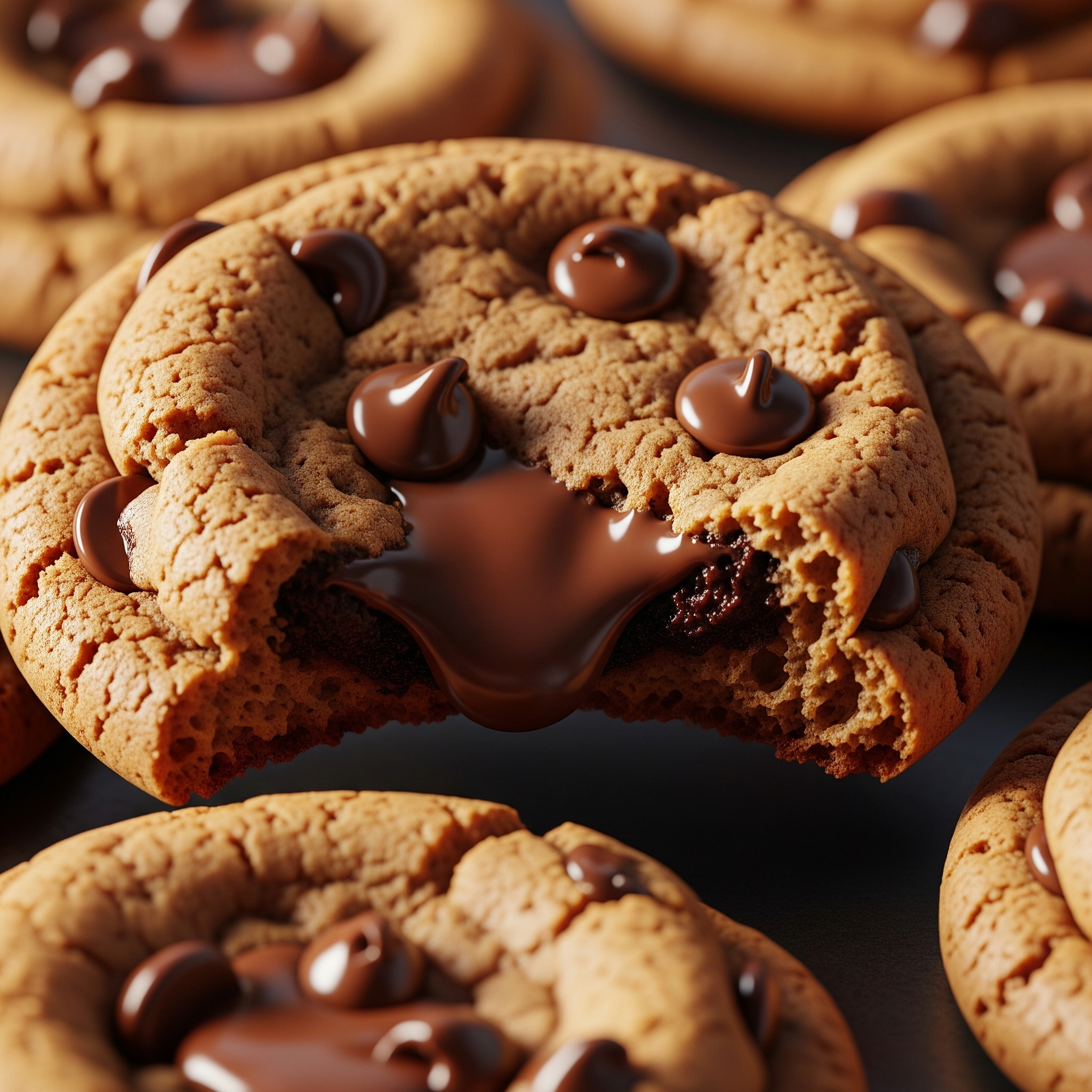 Air-fryer chocolate chip cookies, crispy edges and gooey center, close-up.