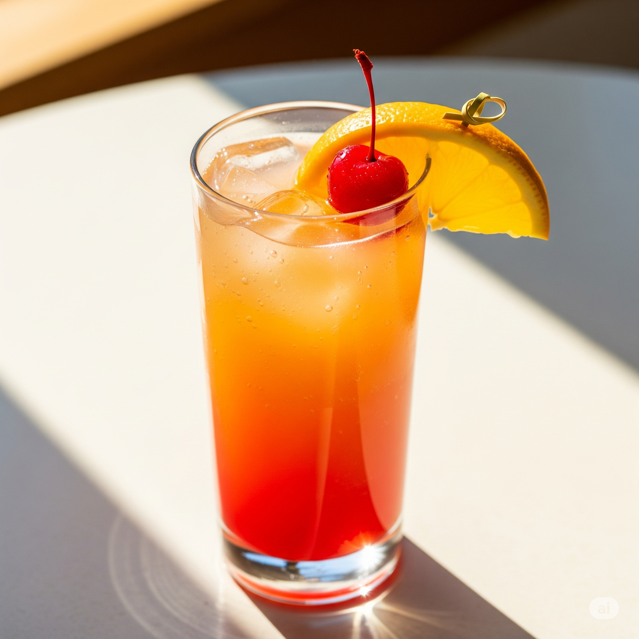 Sparkling Peach Sunrise Mocktail in a tall glass, with a gradient of peach, orange, and red, garnished with an orange slice and a cherry, on a bright, sunny table.