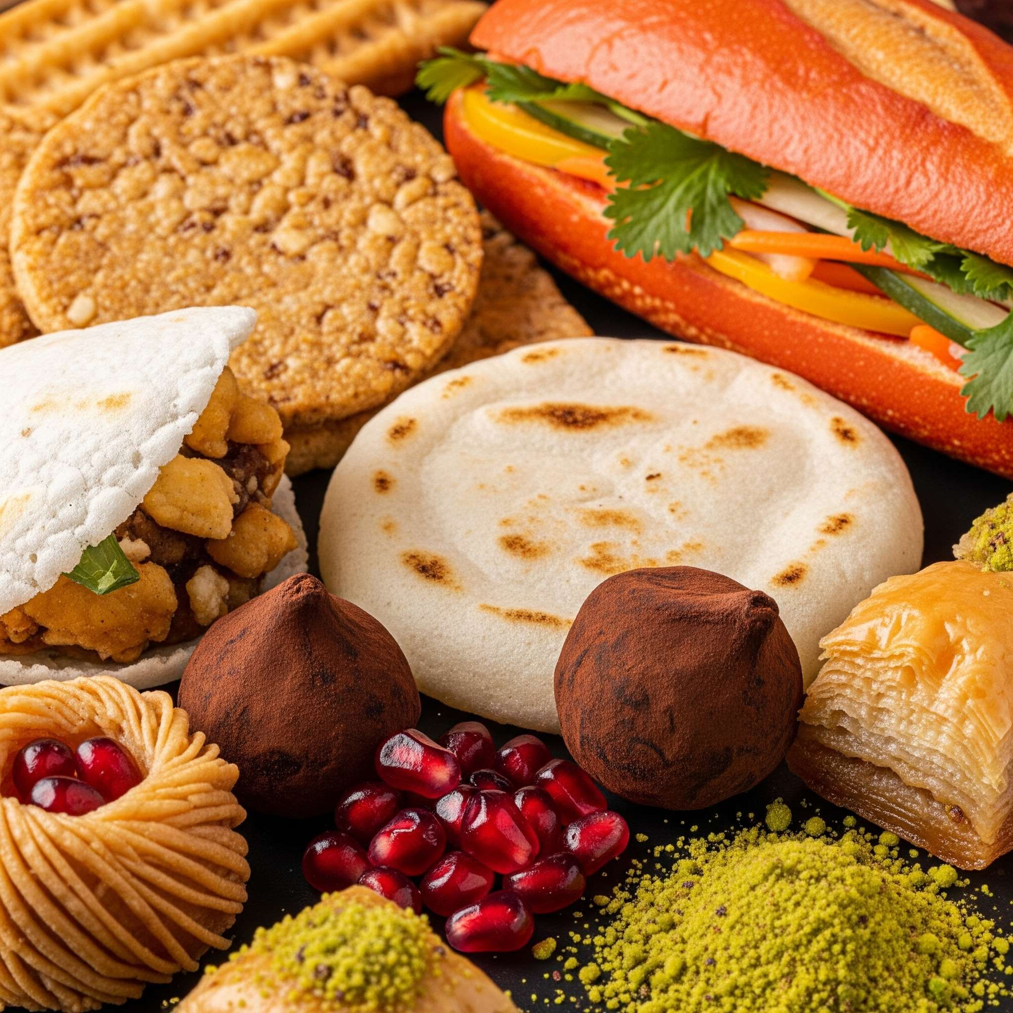 International Snacking, close-up shot, various textures and colors. Exploring the Best of International Snacking