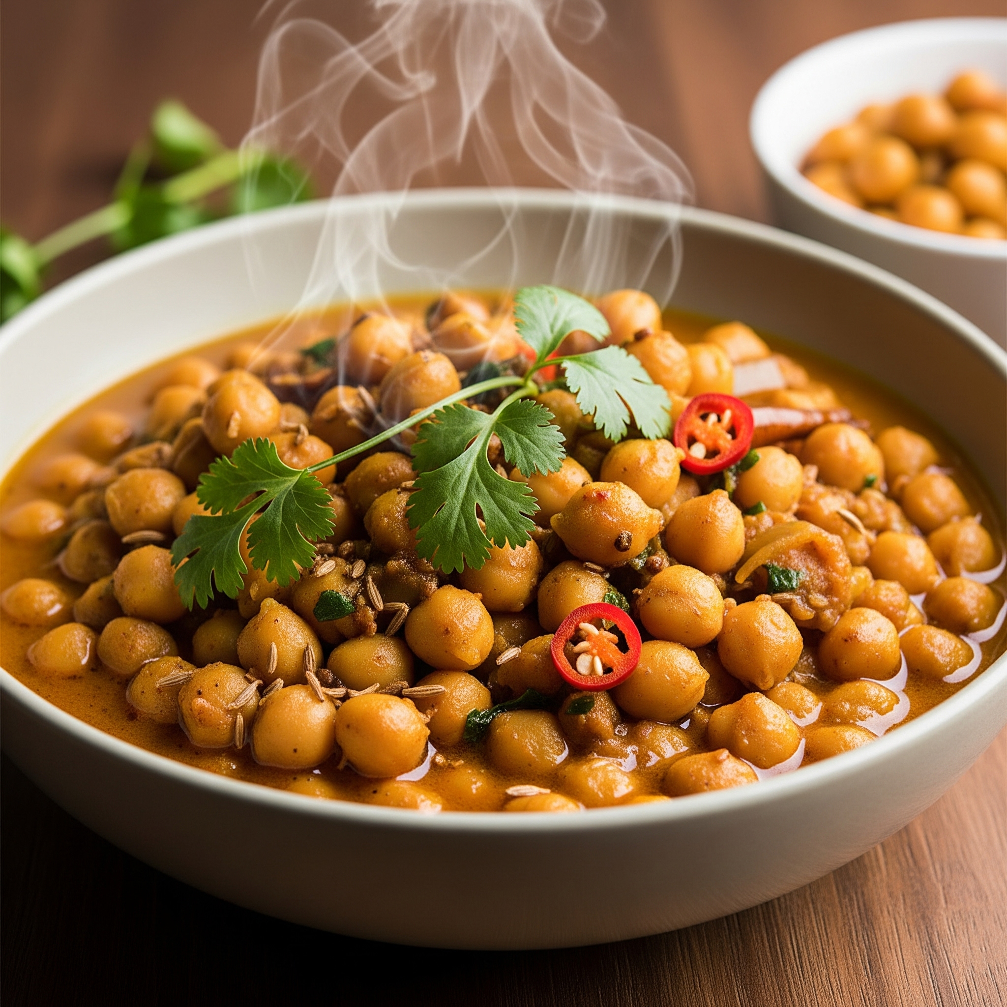 A vibrant and aromatic Easy Chickpea Curry in a ceramic bowl, garnished with fresh cilantro.