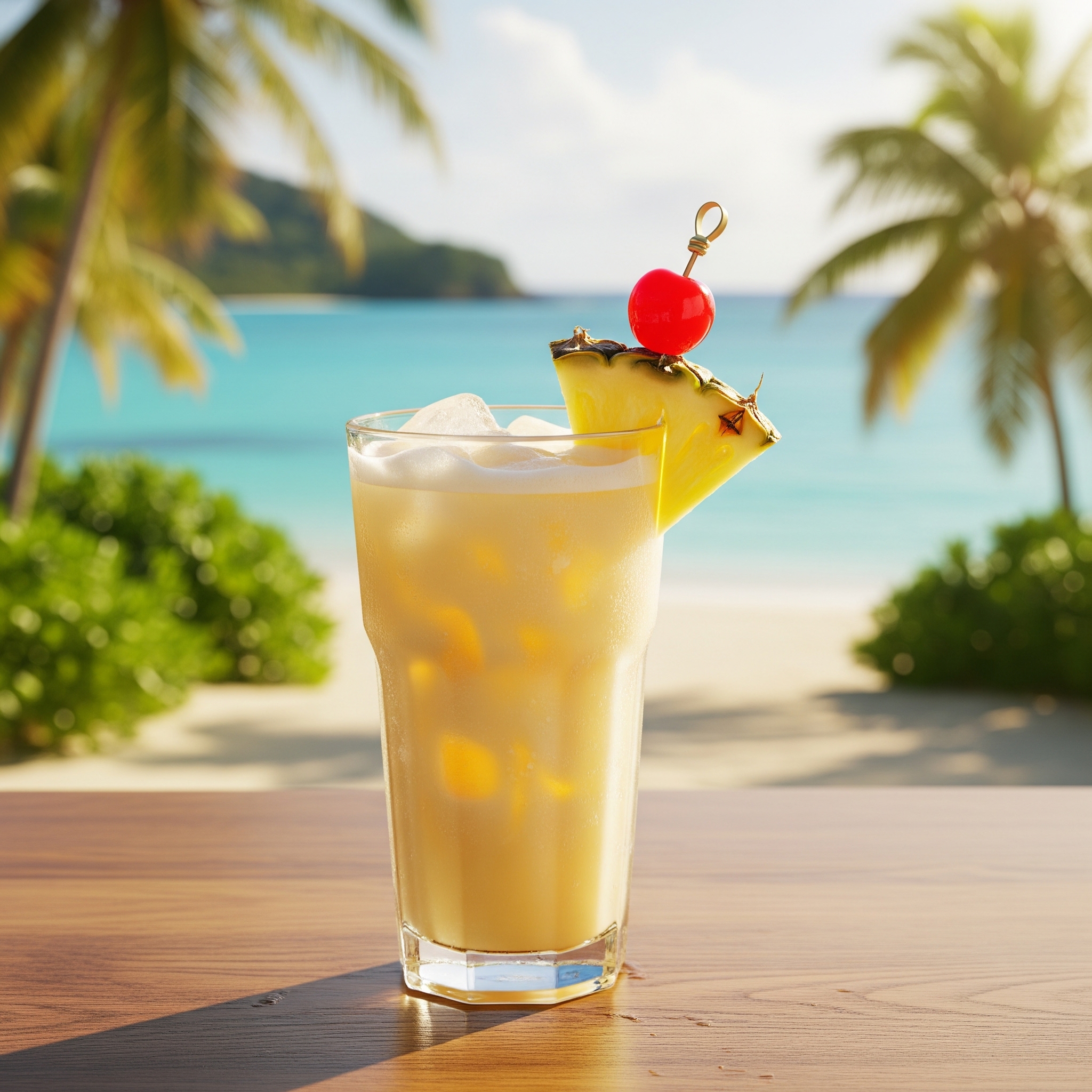 A beautifully styled virgin piña colada, presented in a tall, chilled glass with a slightly frosted exterior. It's adorned with a vibrant pineapple wedge and a bright red cherry, adding a touch of classic flair. The backdrop is a lush tropical paradise, with swaying palm trees and a clear, turquoise ocean.