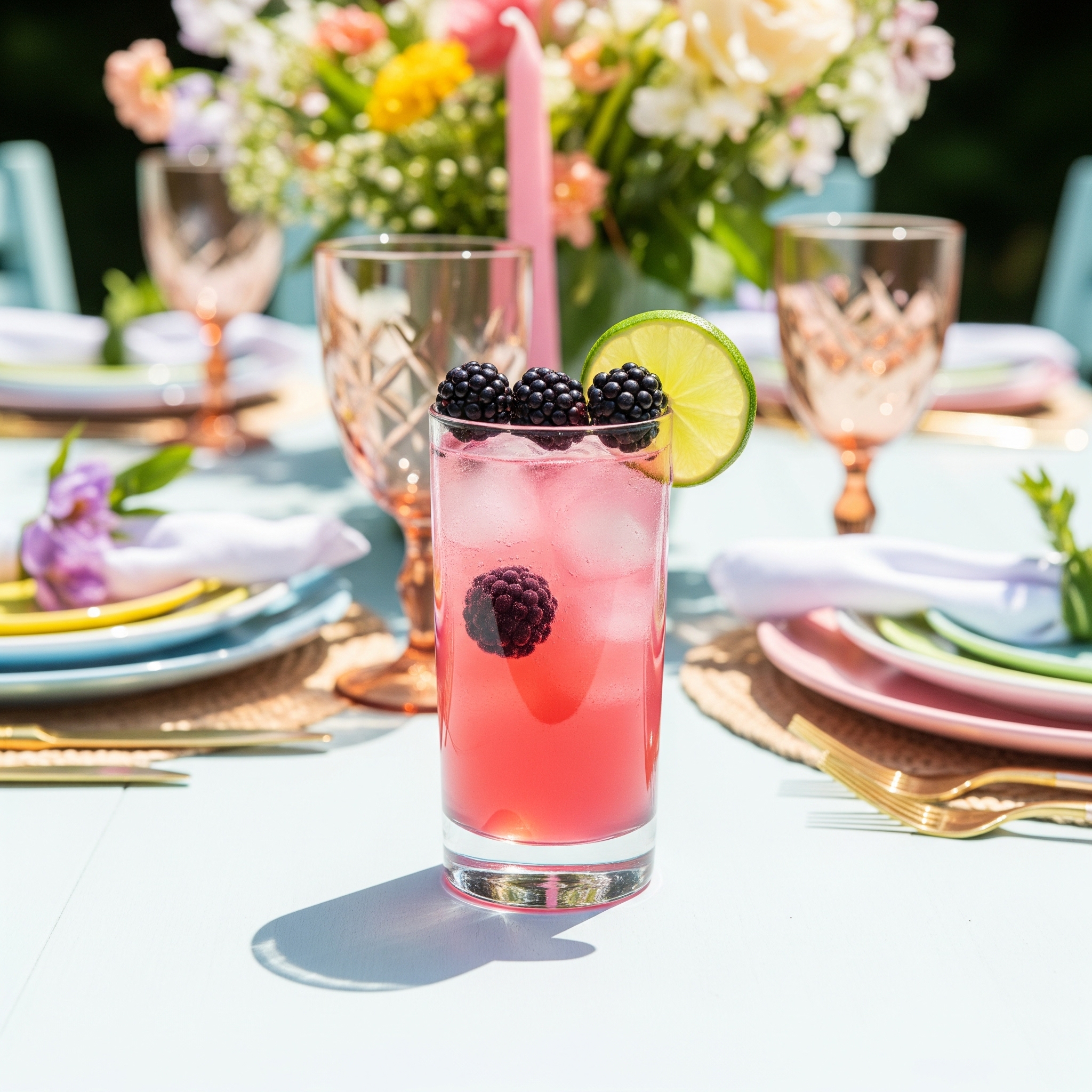 Blackberry Paloma Mocktail in a highball glass, garnished with blackberries and a lime wheel, on a bright, outdoor table setting.