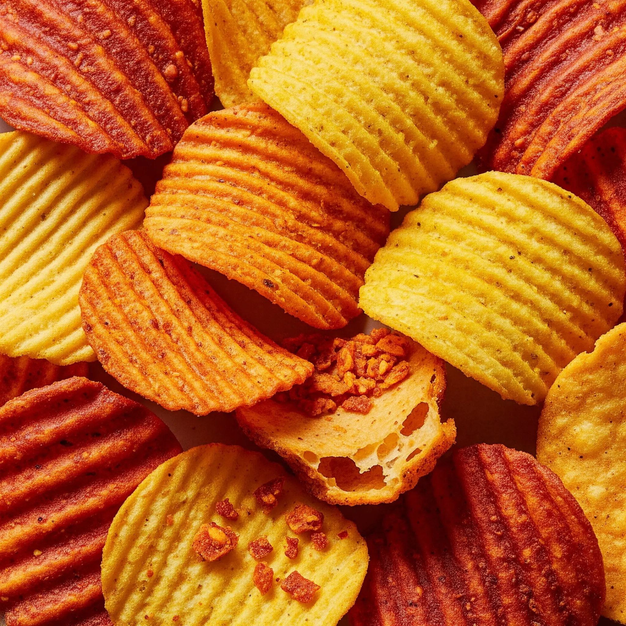 Spicy chips, close-up shot, various textures and colors.