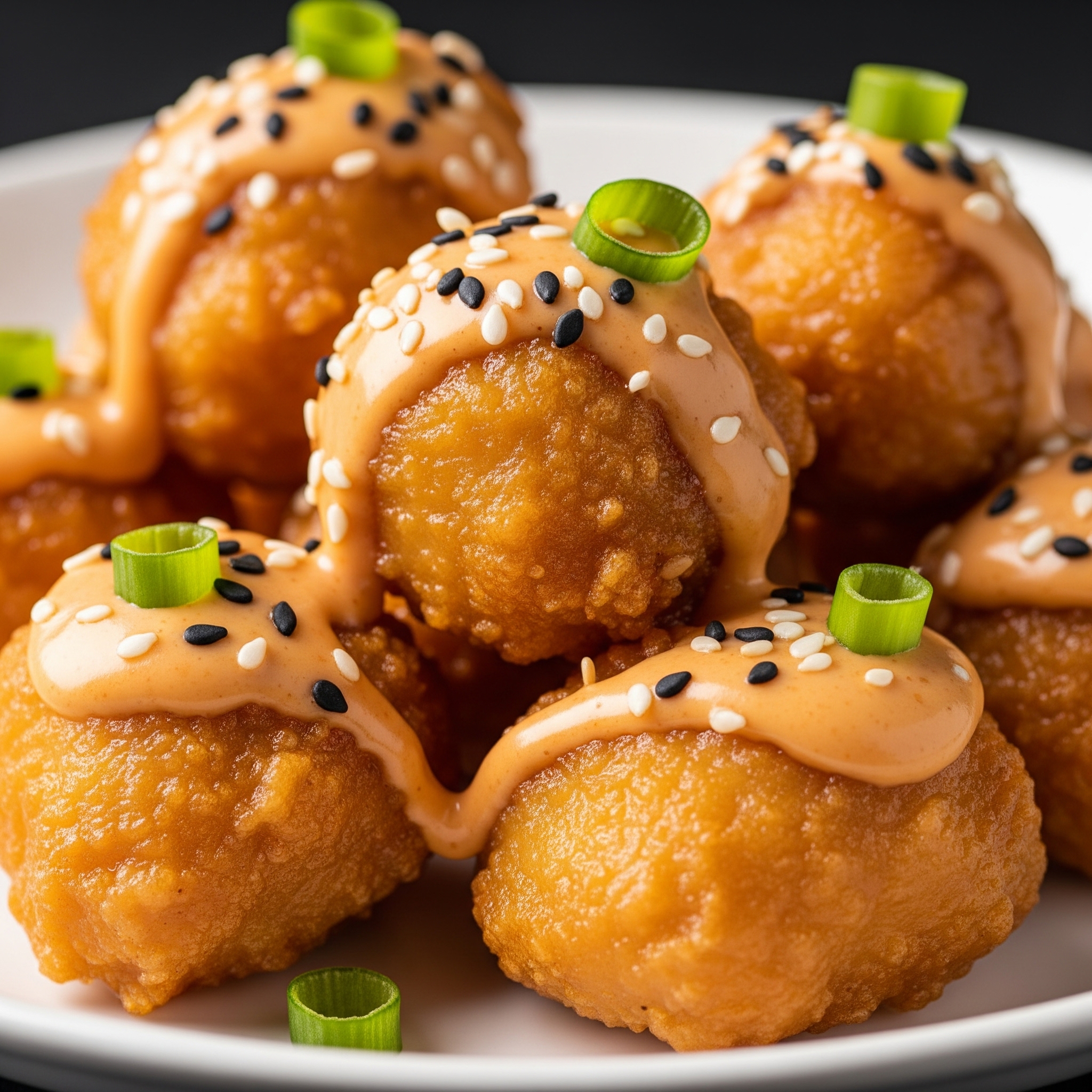 Crispy Bang Bang Chicken Bites coated in a creamy, orange sauce, garnished with green onions and sesame seeds.