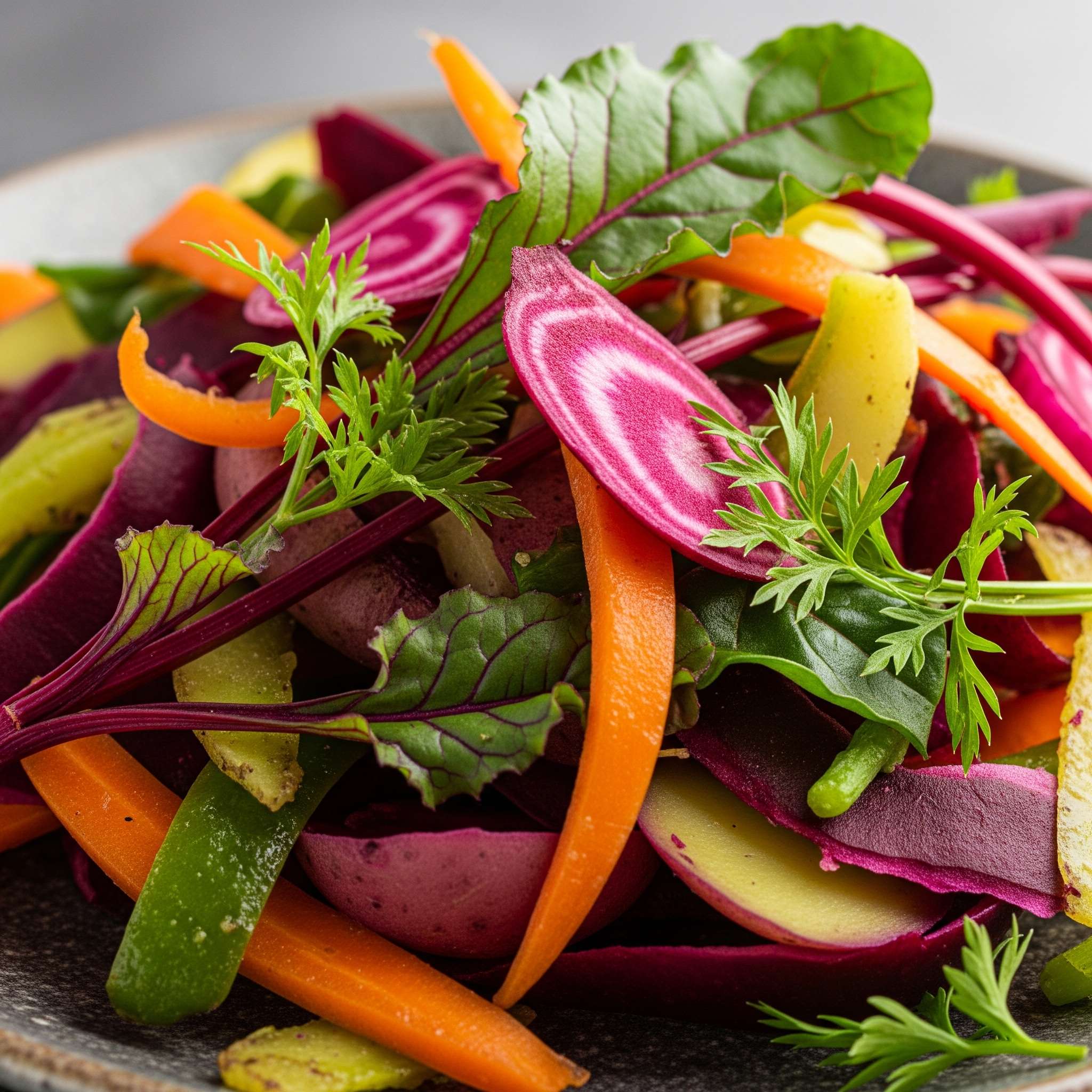 Root-to-stem cooking, close-up, colorful vegetable scraps. Culinary Upcycling: From Root to Stem, A Sustainable Kitchen Revolution