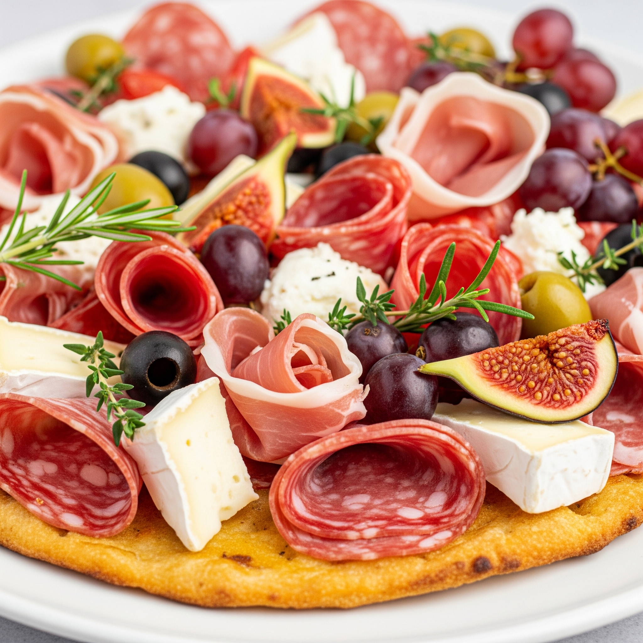 Charcuterie board flatbread with vibrant colors.