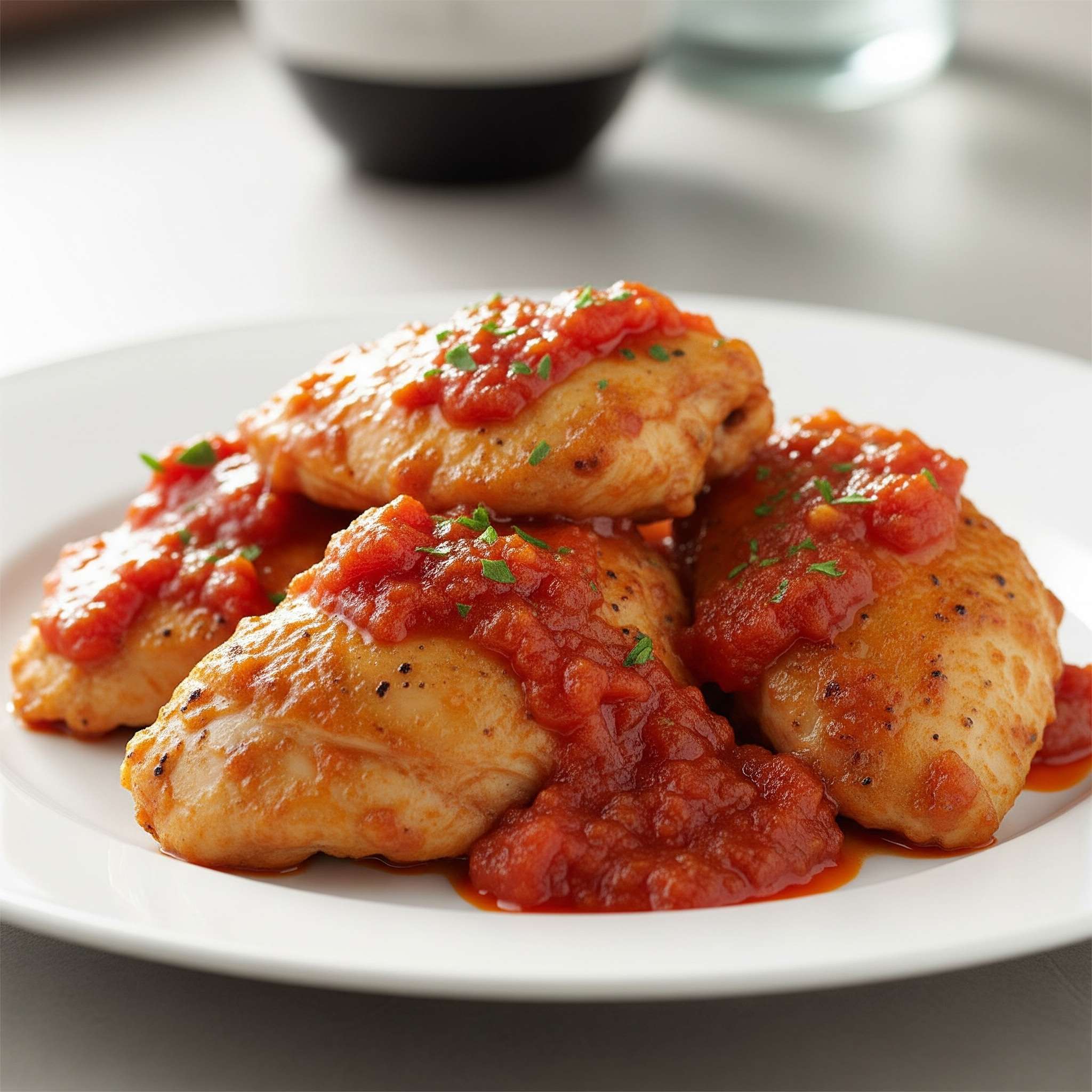 A rustic and vibrant Chef John's Roman-Style Chicken (Pollo alla Romana) in a large Dutch oven, with tender chicken pieces, colorful bell peppers, and a rich tomato sauce.