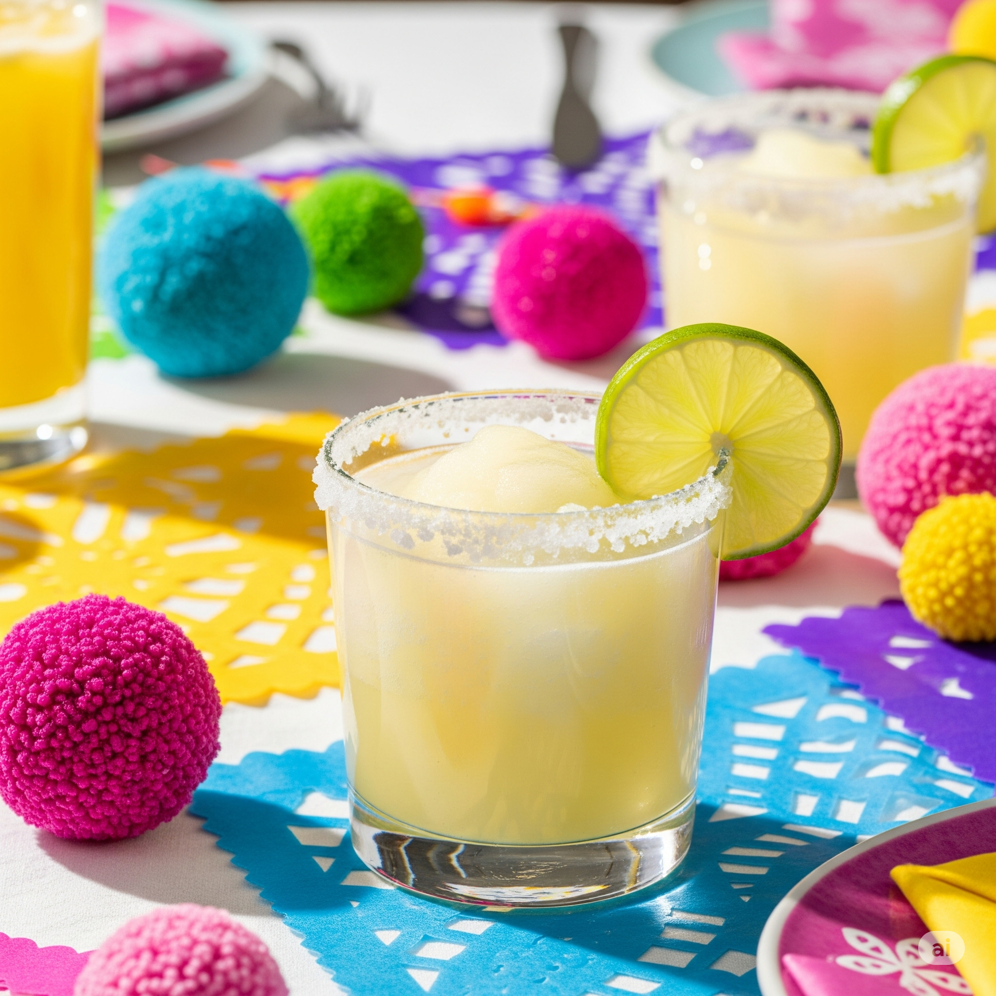 A cheerful, festive table is set with a variety of colorful decorations, and a refreshing non-alcoholic margarita mocktail takes center stage in a salt-rimmed glass. The mocktail, a blend of yellow and white, is garnished with a bright, juicy lime wedge, accentuating the festive atmosphere.