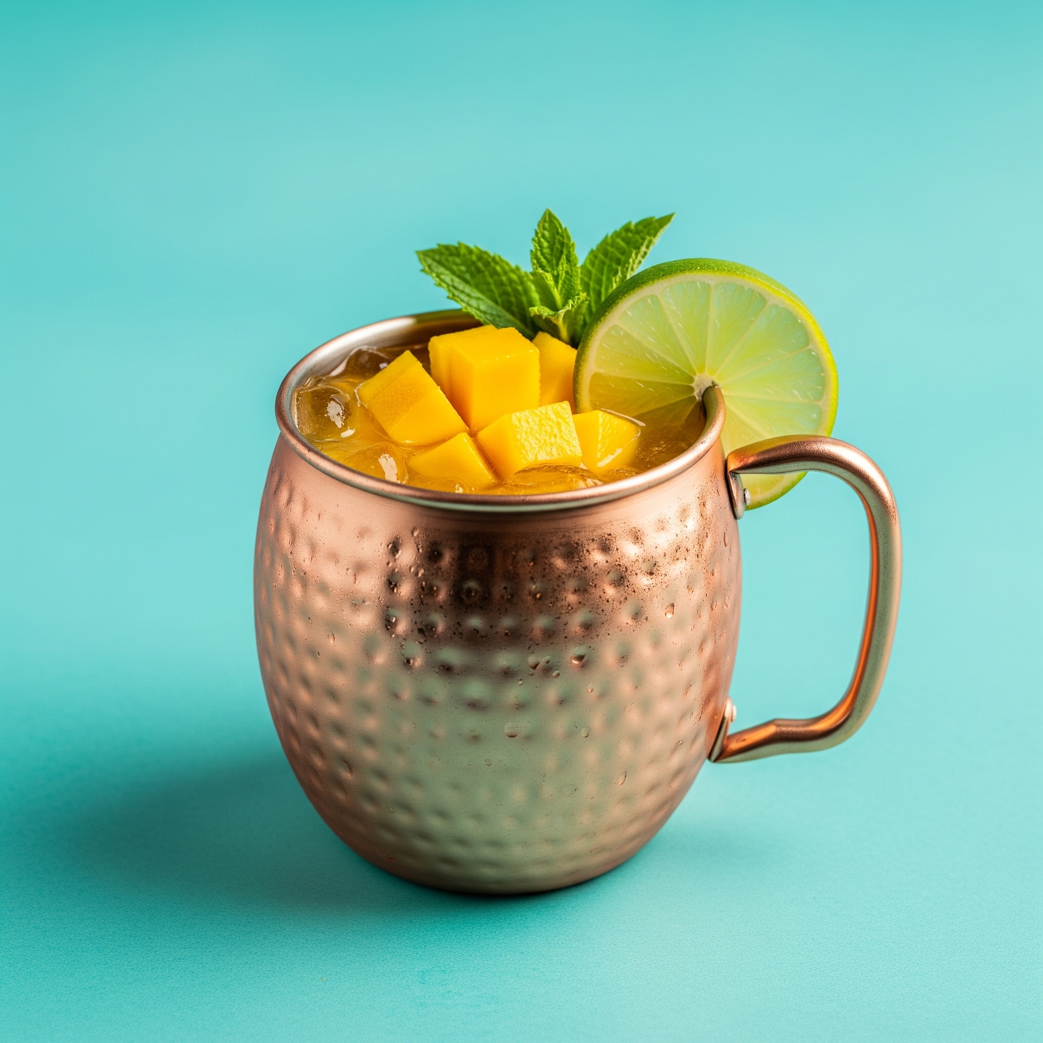 A beautifully styled mango mule mocktail, brimming with a tropical, vibrant mango flavor, is served in a classic copper mug. It is adorned with a fresh lime wedge and a sprig of mint. The mocktail is presented against a vivid turquoise backdrop.