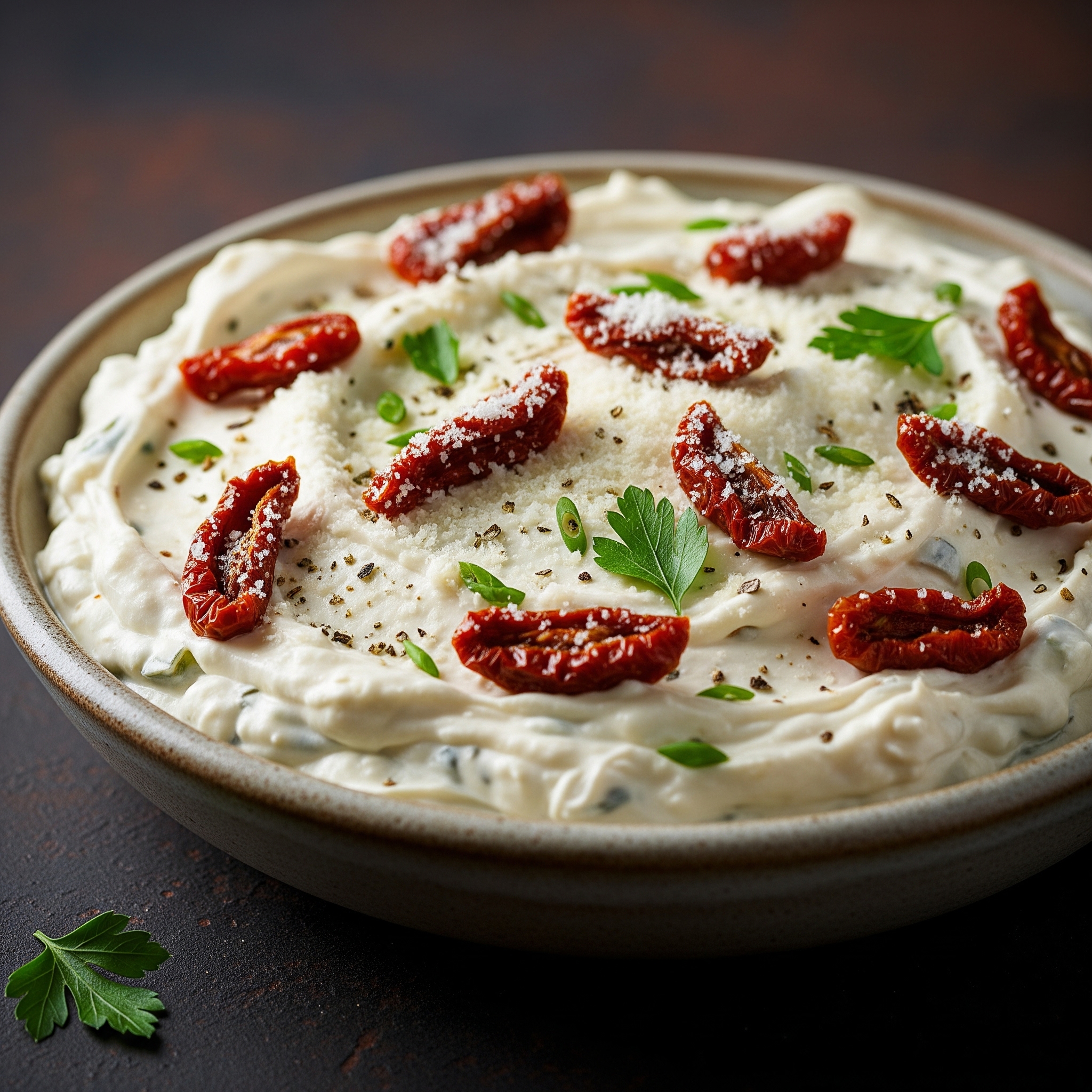 A bowl of creamy, savory Marry Me Dip garnished with fresh herbs, surrounded by crackers and vegetable sticks.
