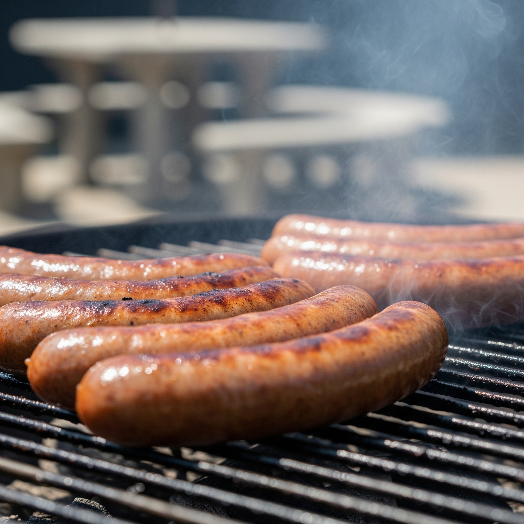 Midwestern-style beer boiled brats sizzling on a grill.