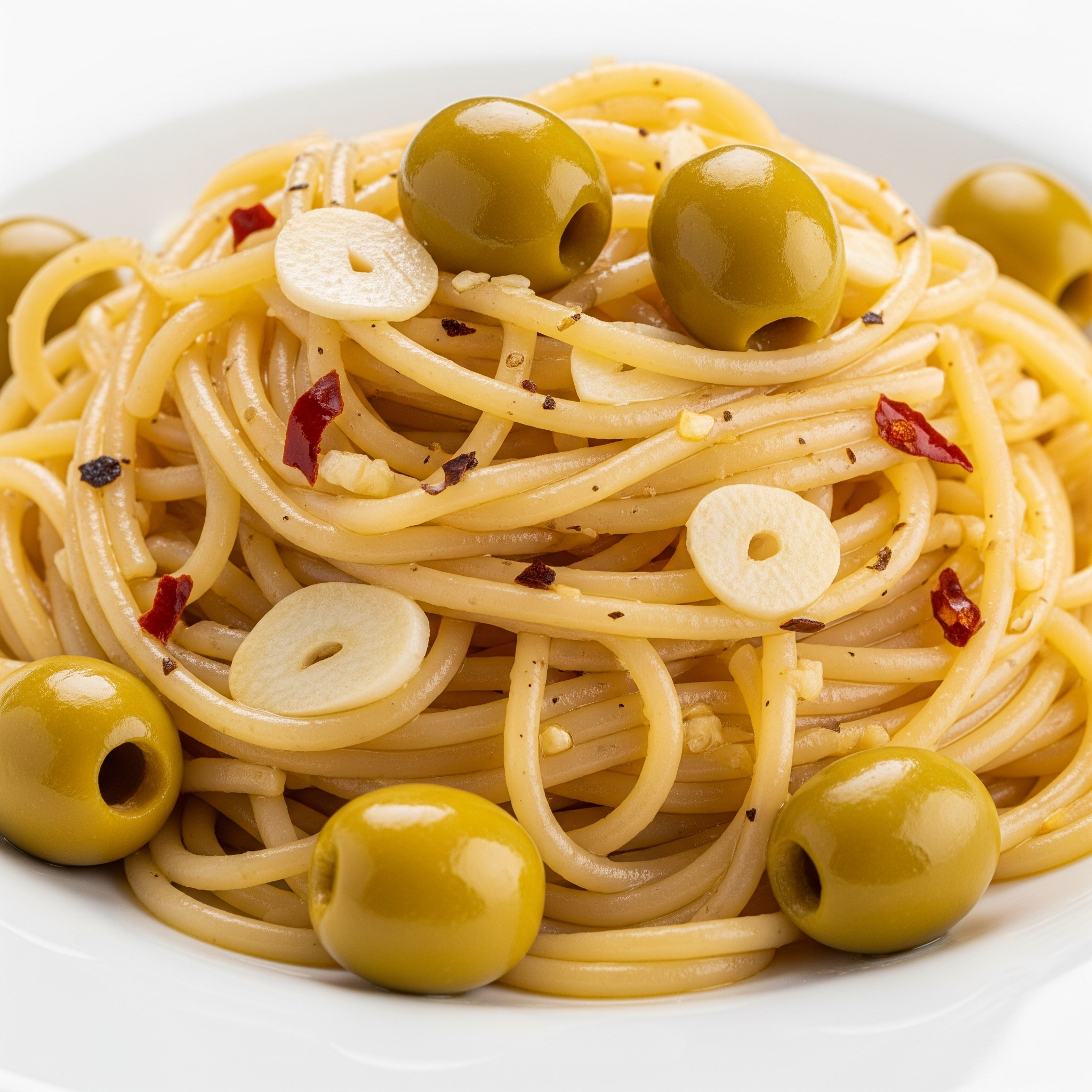 A close-up of vibrant Spaghetti Aglio e Olio with green olives and fresh parsley, twirled on a fork.