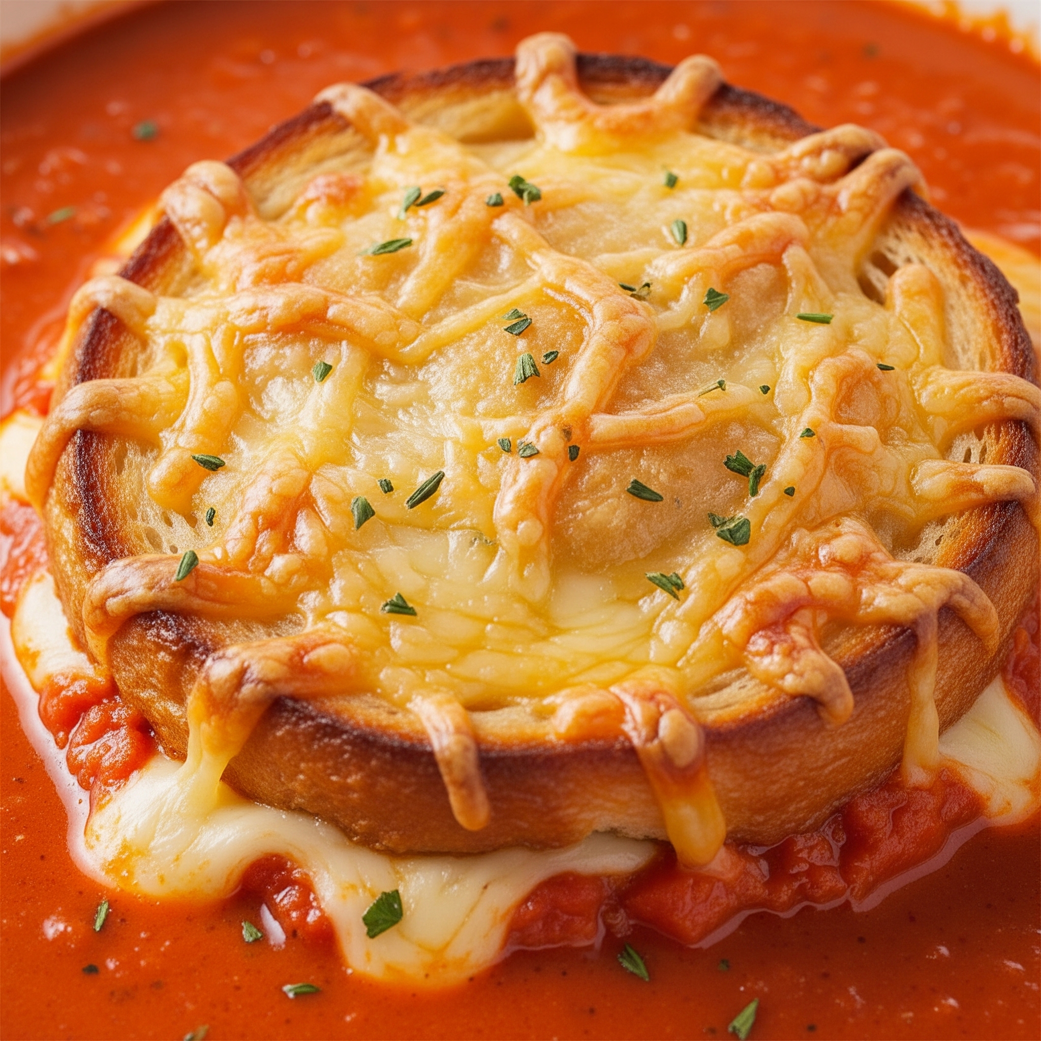 A bubbling Tomato Soup and Grilled Cheese Casserole with a golden-brown, crispy top, gooey melted cheese, and a rich tomato base.